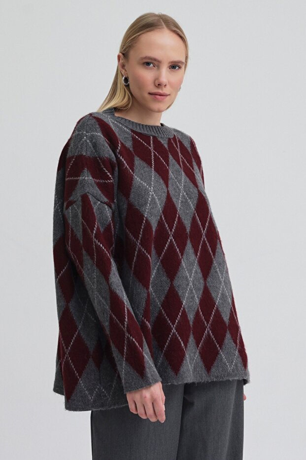 Argyle Triko Kazak Bordo - 6