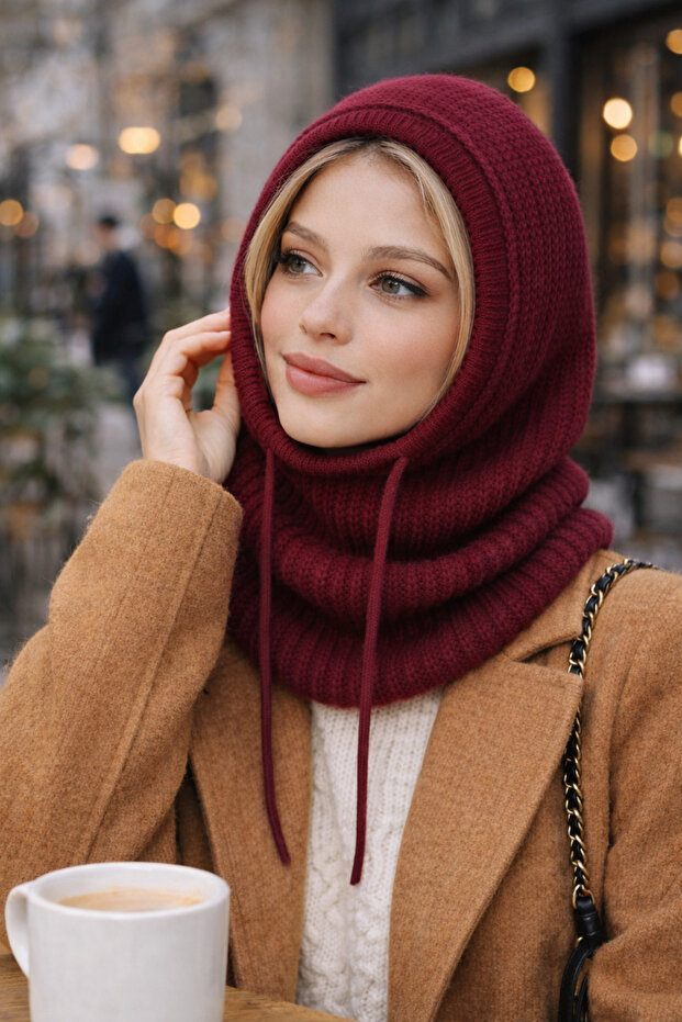 Bordo Balaclava Bere Triko Kadin - 1