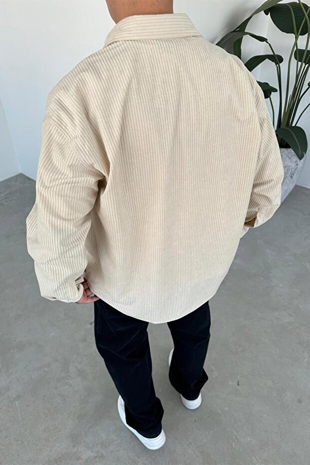 Krem Basic Fitilli Kadife Gömlek - 3
