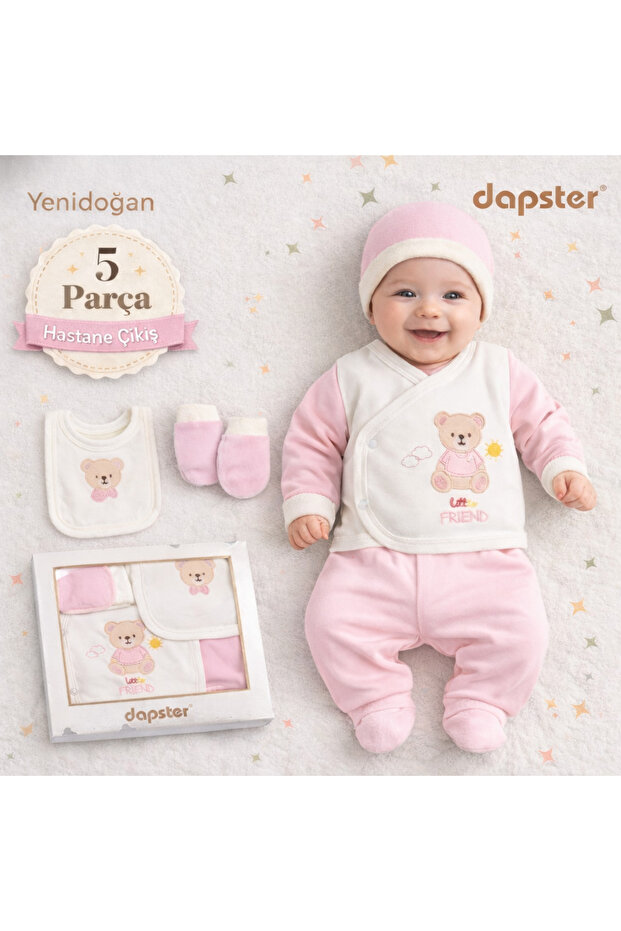 5 Piece Newborn Hospital Discharge Set with Teddy Bear, 100% Cotton Baby Set