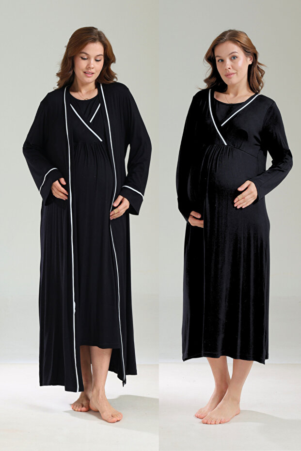 Black Piped Long Sleeve Soft Textured Maternity Nightgown Set