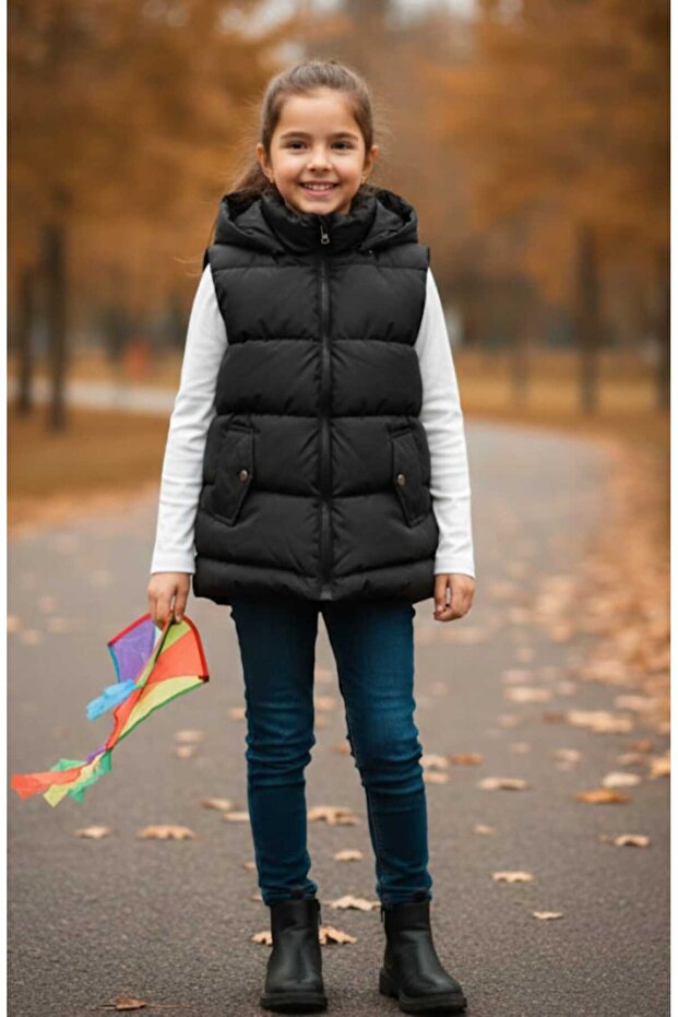 Girl's Hooded Lined m Transitional Puffer Vest