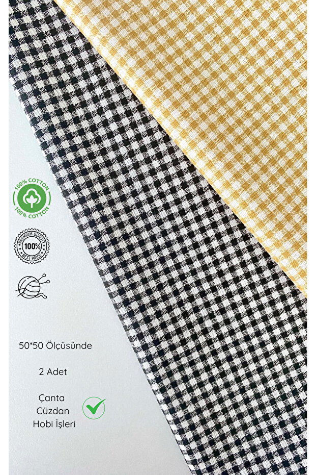 2 Pieces of 50 cm Beige and Black Gingham Patterned Cotton Fabric for Bags, Wallets, Hobby Work