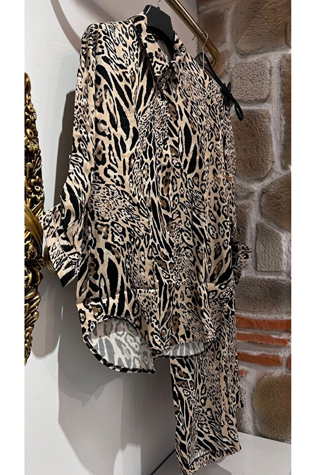 طقم مكون من قطعتين من الحرير الساتان بنقشة الفهد - 3