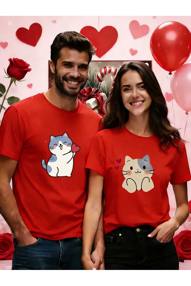 Double Matching Set 1 Men's Model Valentine's Day Printed Relaxed Fit T-shirt