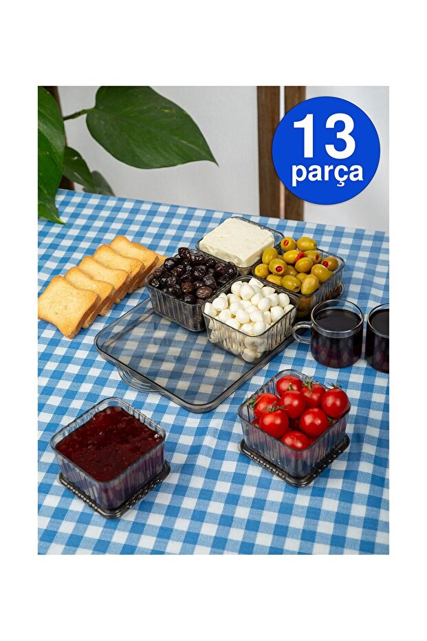 Luxury 13 Piece Breakfast Set with Anthracite Tray and 6 Compartments Breakfast Presentation Set with Cover and Tray