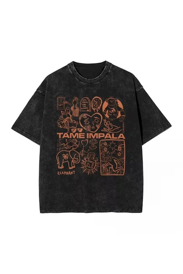 Tame Impala Designed Vintage Effect Black Oversized T-Shirtwashed Fabric