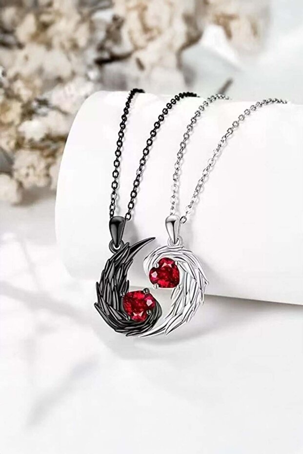 Black Silver Angel Wings Ying Yang Red Heart Stone Necklace