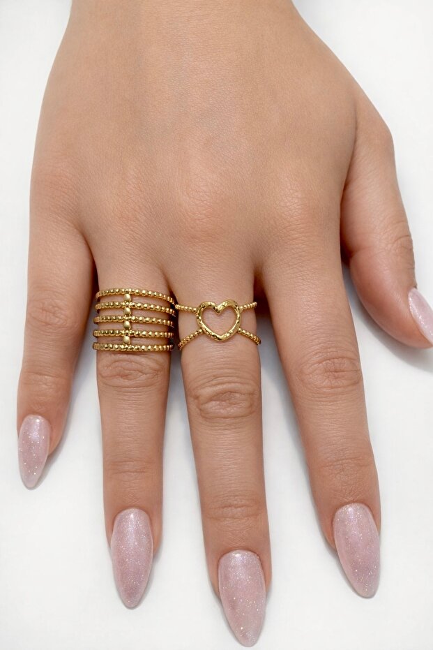 Women's Gold Plated Heart and Multi-Row Adjustable Ring Set – Minimal Chic Design