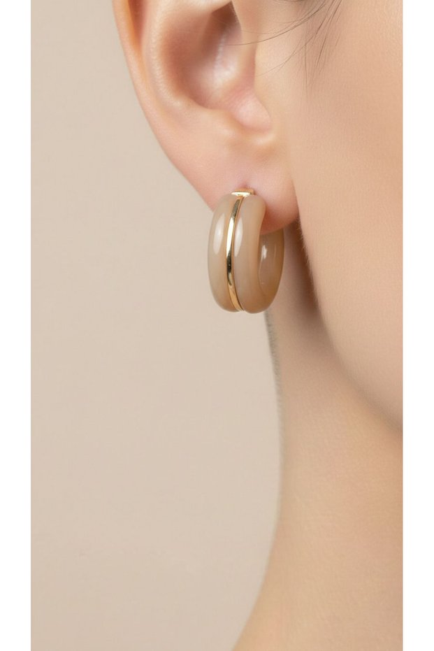 Beige Colored Gold Detailed Studded Steel Hoop Earrings