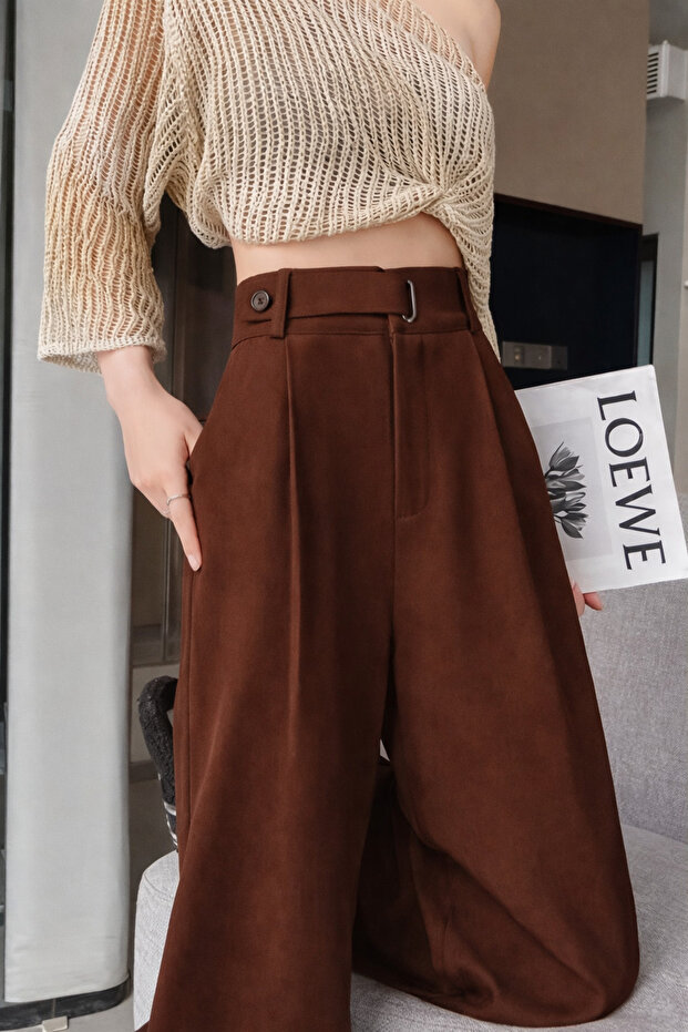 Women's Brown Palazzo Pants with Belt Buckle Detail