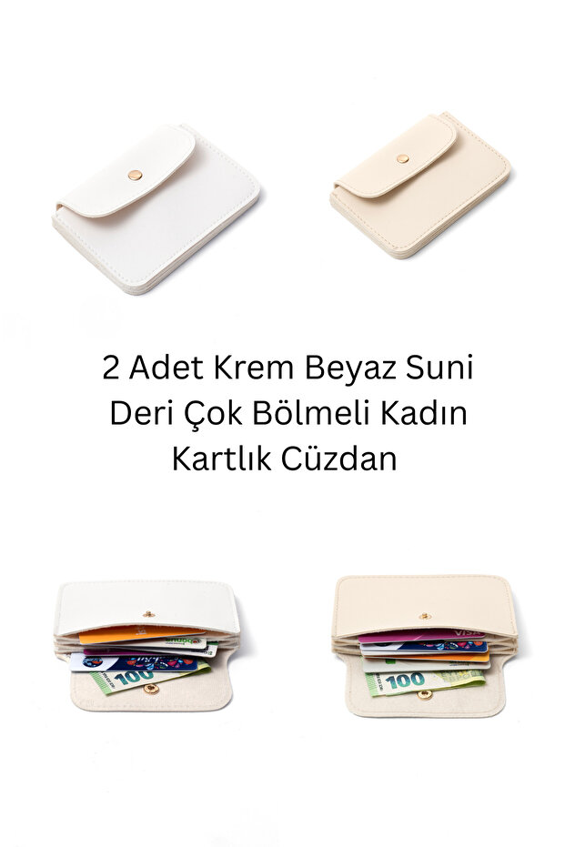 2 Pieces Cream White Faux Leather Multi-Compartment Women's Card Holder Wallet Set - 13X9 cm