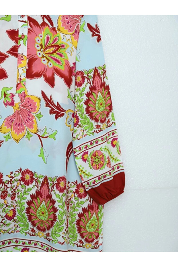 نمط الزهور نصف زر تونك قطن فيسكوز - الطوب - 2