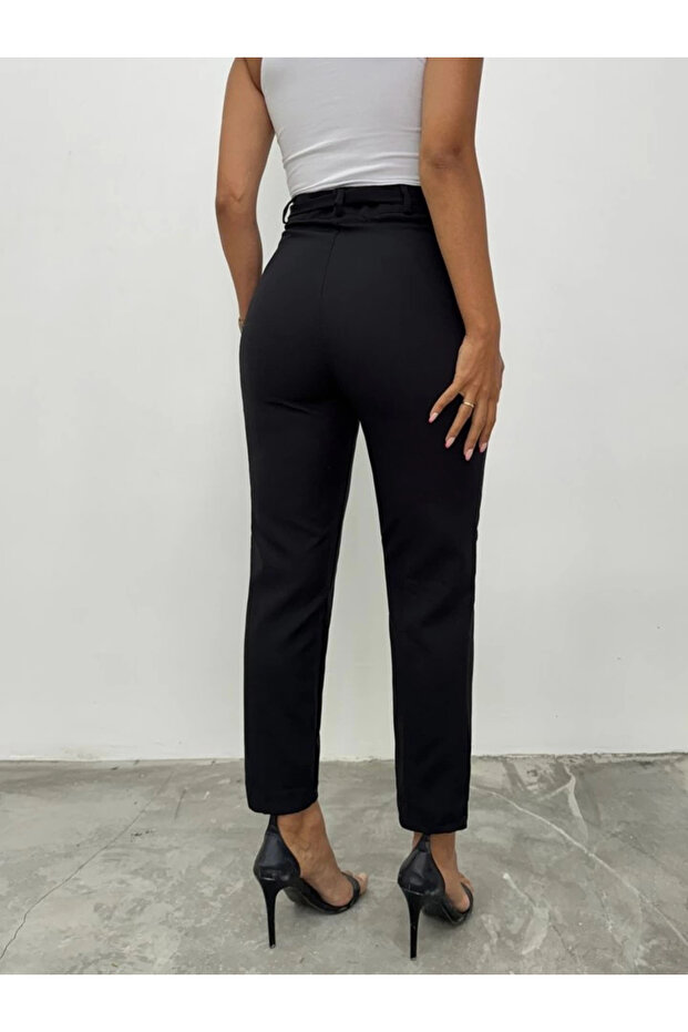 بنطلون الكاحل بحزام - أسود - 4