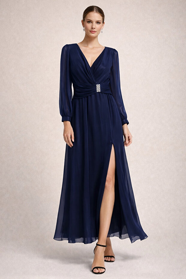 Shiny Satin Bronch Detail Evening Dress
