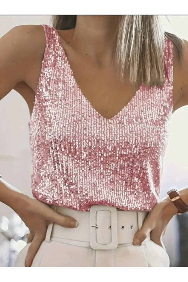 Sequined zero sleeve blouse - salmon - 6