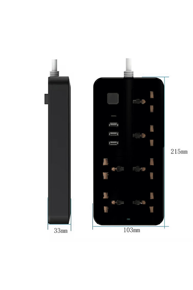 شريط طاقة مزود بمقبس مسطح وواقي من زيادة التيار، ومنافذ تيار متردد متعددة، و3 منافذ USB، وشريط طاقة صغير الحجم. - 6