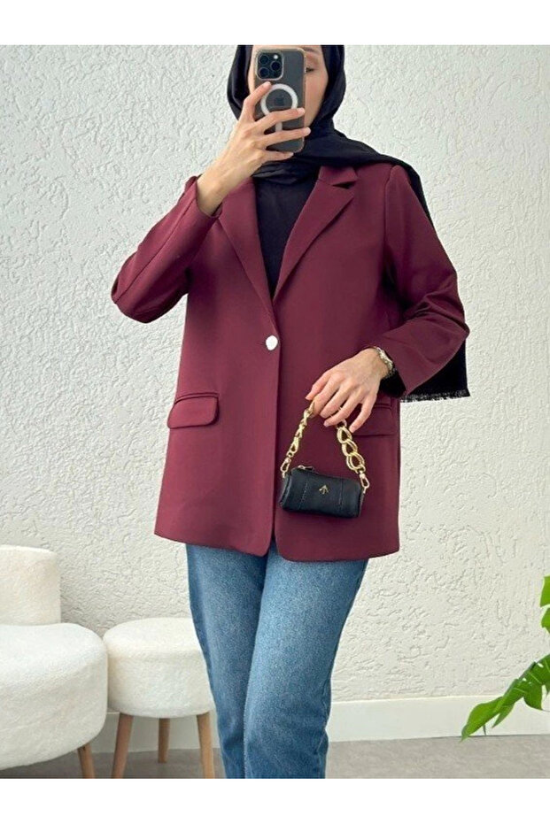 سترة ذات زر واحد مع جيوب قماش قابل للتمدد - بوردو - 1