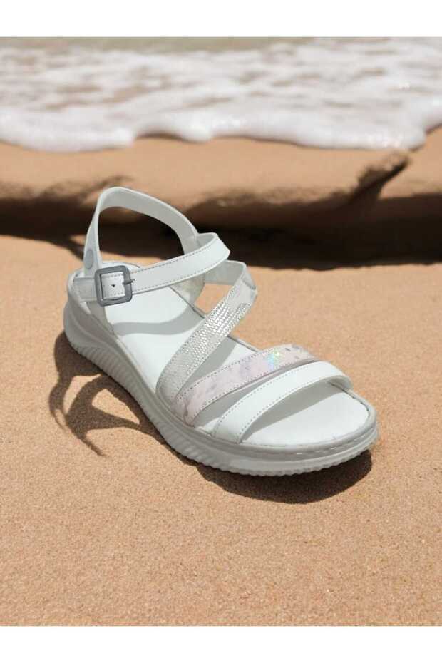 Dys-B-2365 Genuine Leather Buckle Detailed Ankle Strap Flat Sole Women's Sandals Real Leather Bone Multi
