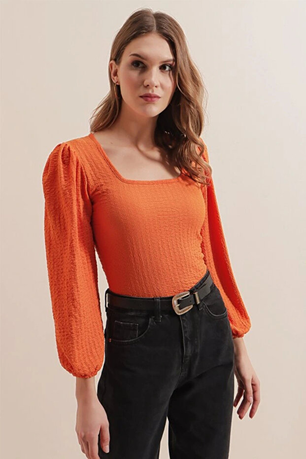 0442 بلوزة بأكمام طويلة - برتقالي - 3