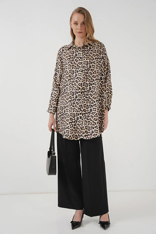 5944 تونيك قميص طويل منقوش - بيج - 2