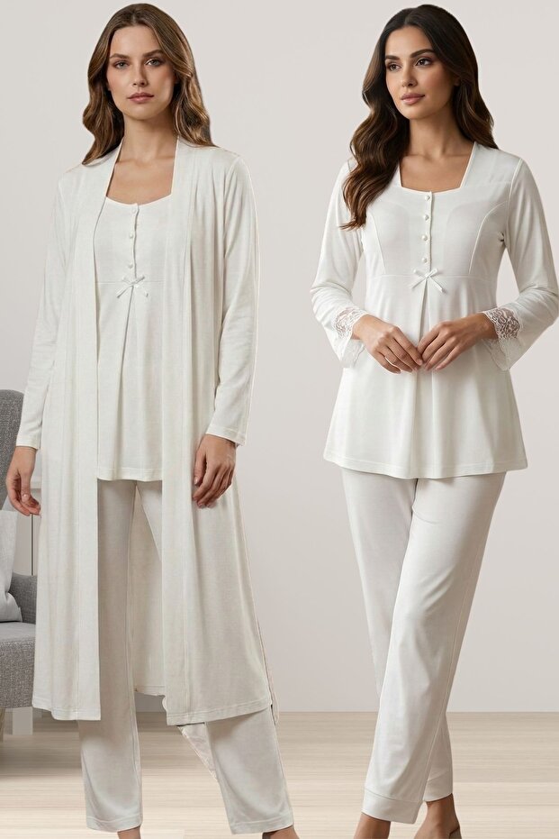 Ecru Maternity Pajamas Set with Dressing Gowns