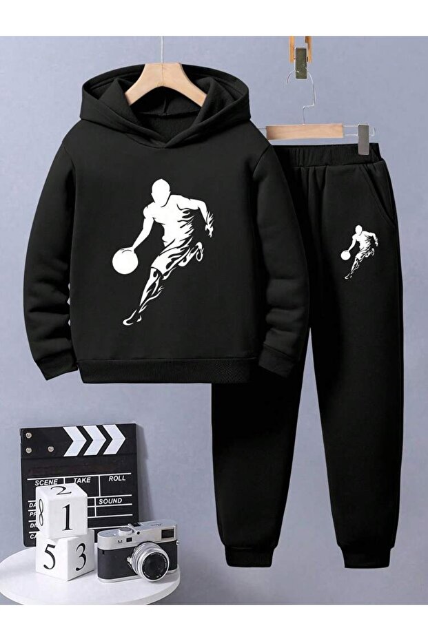 Basketball Printed Hooded Kombin Lower Upper Children's Tracksuit Set