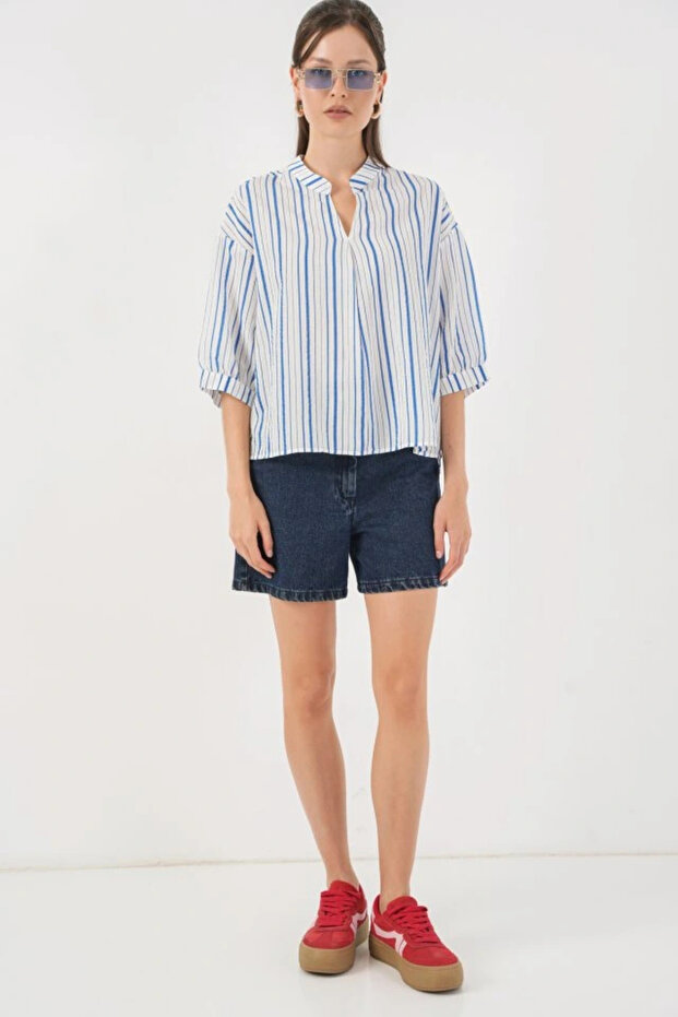 بلوزة مخططة قصة فضفاضة 967 - أزرق - 2