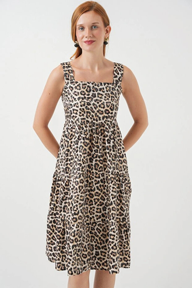 Patterned Strap Midi Dress 2577 - C. Brown - 4