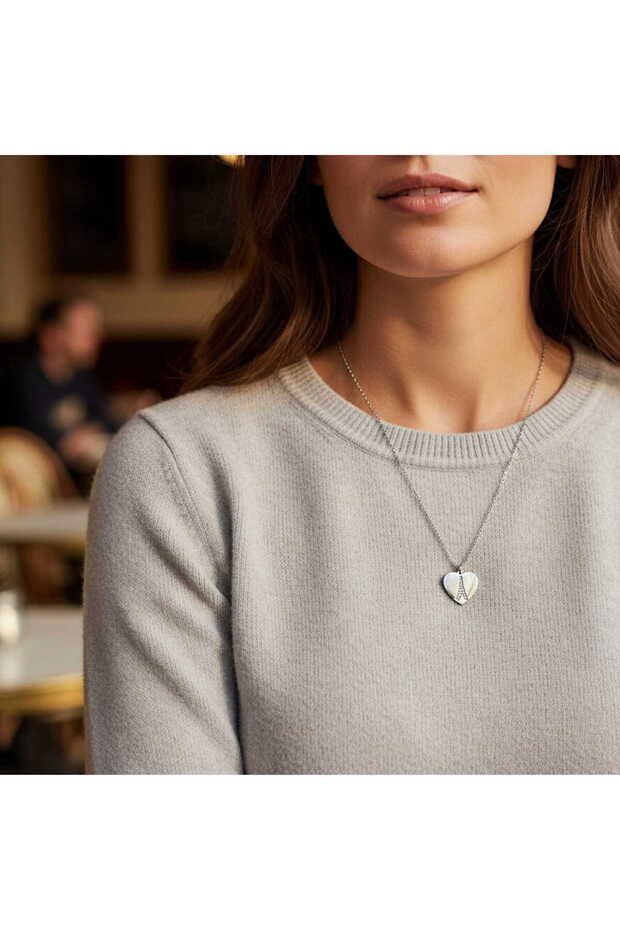 Women's Silver Color Necklace with Zircon Stone Heart and Eiffel Tower Figure Inside