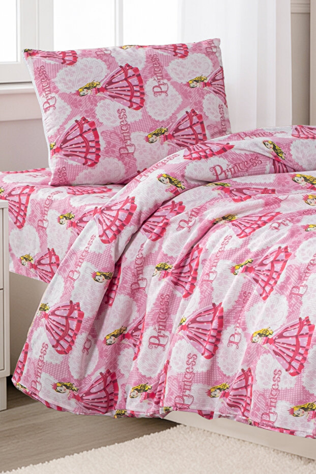 Princess Patterned Girls' Single Duvet Cover Set - Soft Cotton Texture