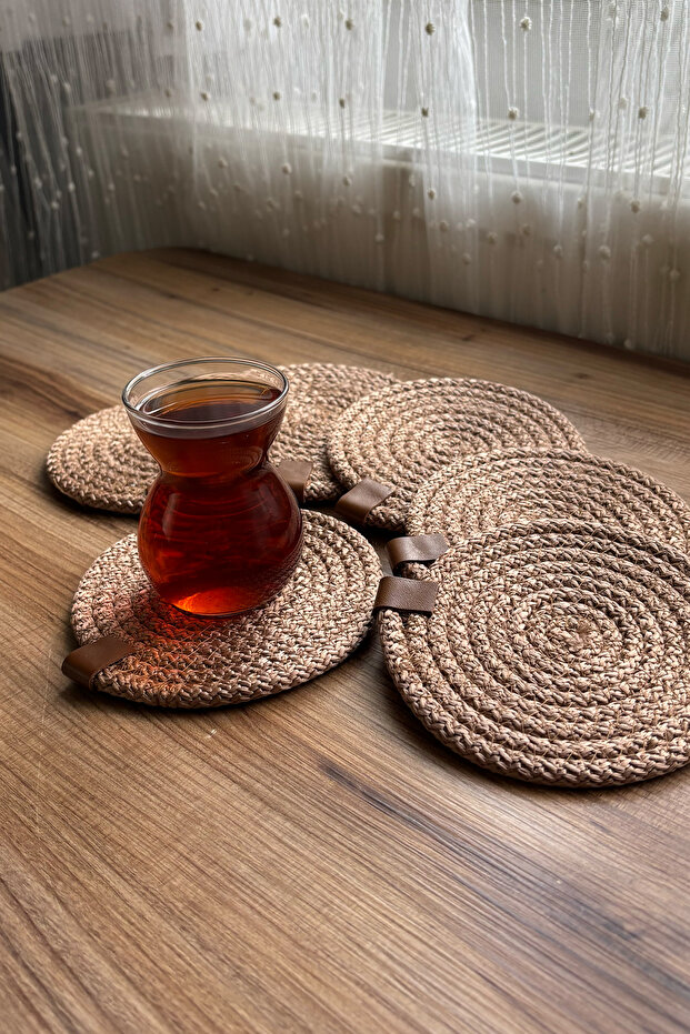 طقم 6 قطع من حاملات الأكواب الخيزرانية، حاملات أكواب الشاي والقهوة والشموع الزخرفية 12 سم