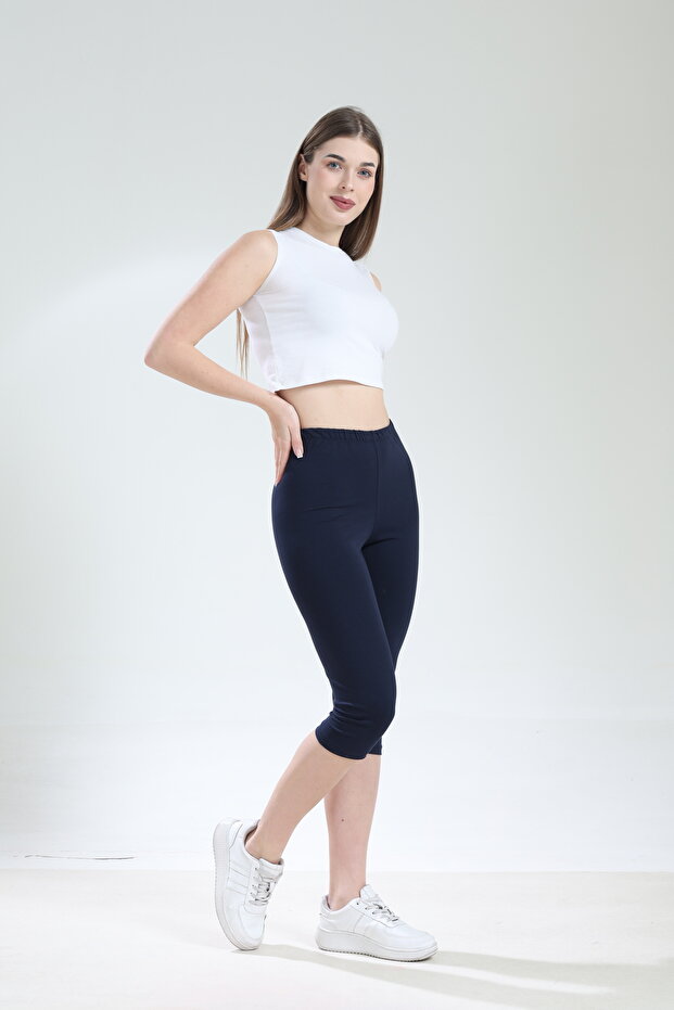 Super Quality Navy Blue Combed 100% Cotton Stretch Fabric Below Knee Capri Leggings High Waist
