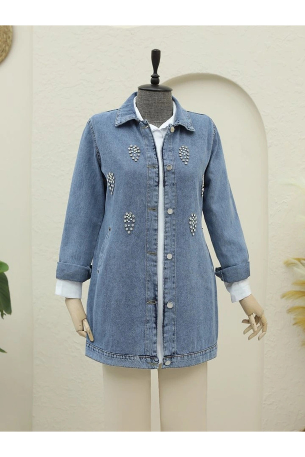 Cluster stone detailed buttoned denim jacket - ice blue - 1