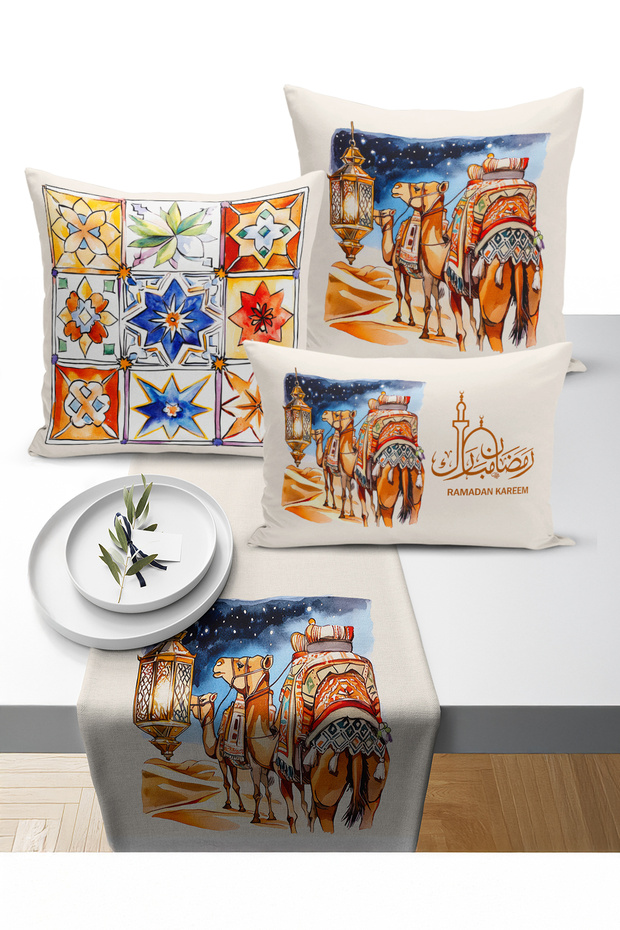 Ramadan Bohemian Series Set of 3 Cushions + 1 Table Runner Digital Print (Ramadan Set)
