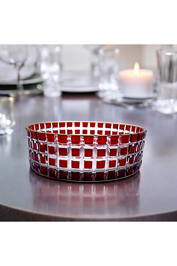 Gold Edged Square Decor Cut Crystal Glass Salad Bowl 25 cm Diameter