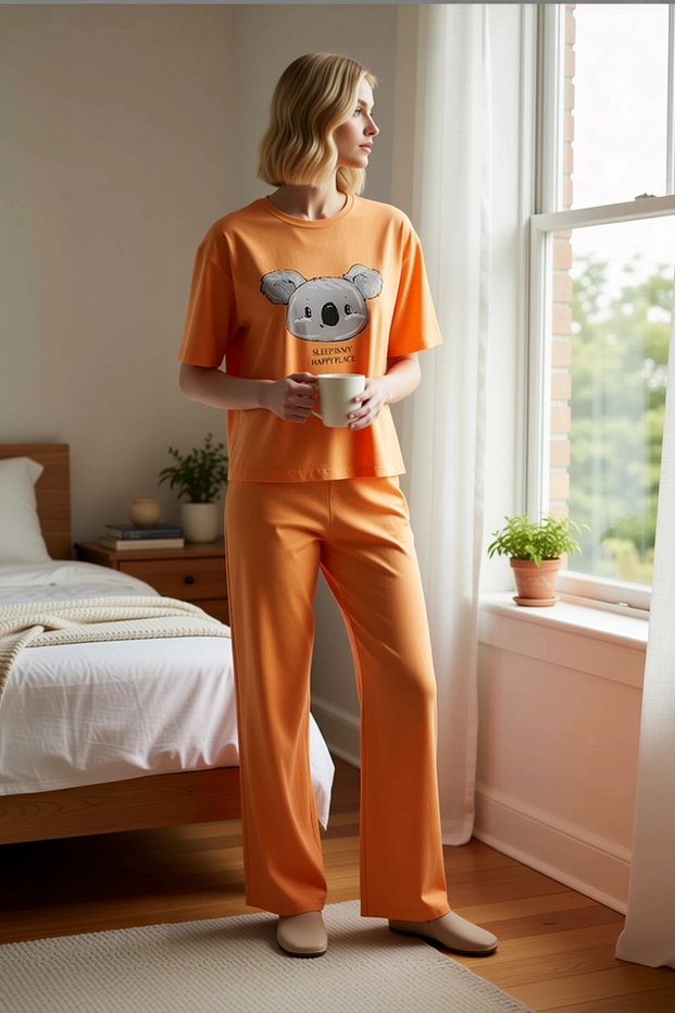 Women's Crew Neck Standard Sleeve Regular Fit Pajama Set Functional Modern 100% Cotton