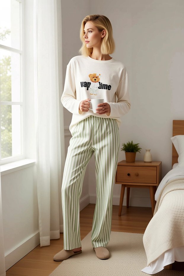 Women's Crew Neck Long Sleeve Regular Fit Striped Pajama Set Functional Stylish 100% Cotton