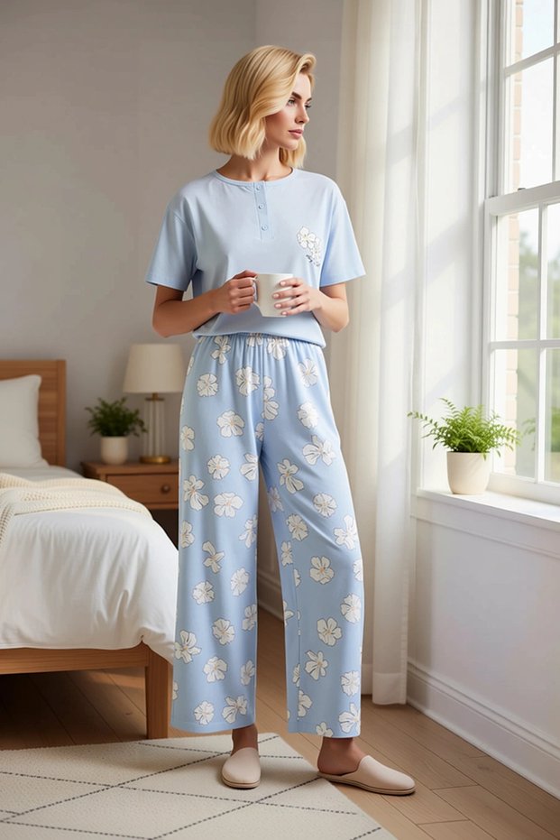 Women's Crew Neck Short Sleeve Regular Fit Floral Pajama Set Functional