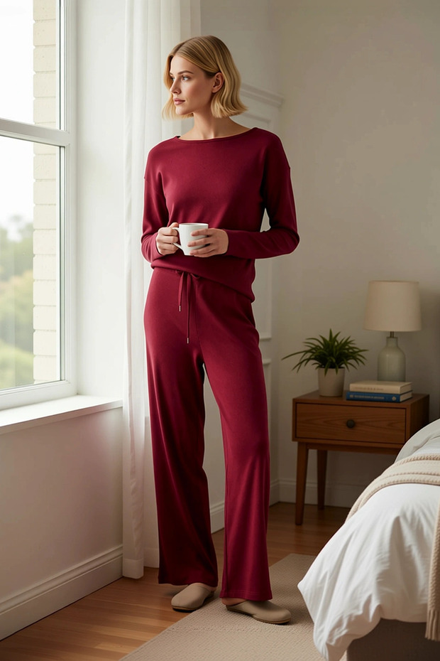 Women's Crew Neck Low Sleeve Relaxed Fit Knitted Pajama Set Functional Durable Comfortable