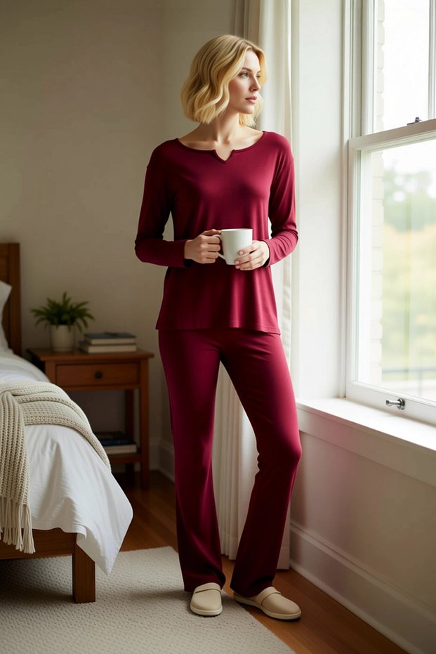 Women's V-Neck Standard Sleeve Long Sleeve Ribbed Knit Knitted Pajamas Set Functional Durable Comfortable
