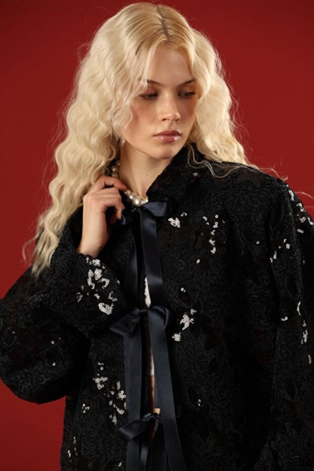 İthal Pullu Desenli Dantel Ceket - 3