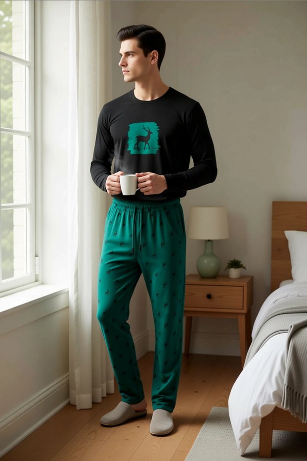 Men's Crew Neck Long Sleeve Regular Fit Geyik Printed Pajama Set Functional 100% Cotton