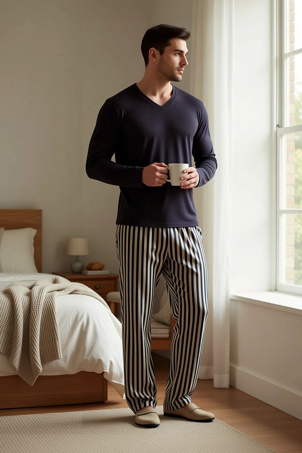 Men's Plus Size V-Neck Standard Sleeve Long Sleeve Knitted Striped Pajama Set Comfortable 100% Cotton