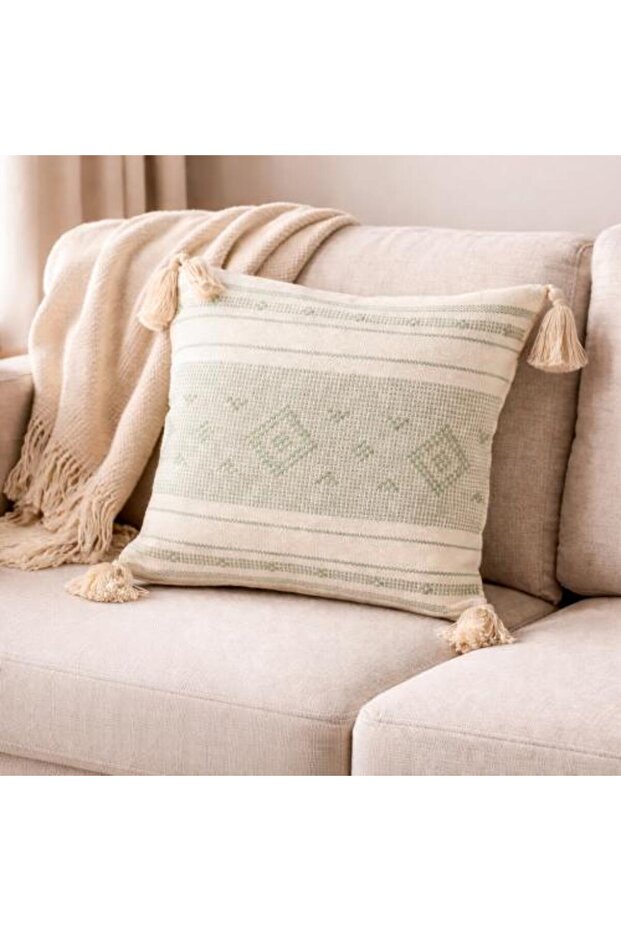 Geometric Pattern Sofa Cushion with Fringes - 1