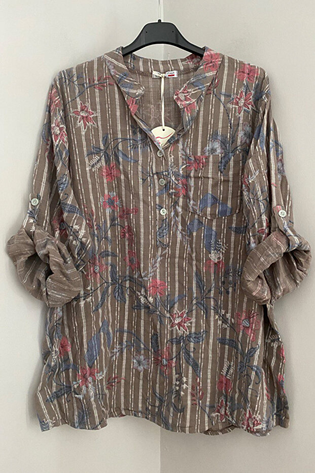 Women's Italian Mink Three-Button Placket Collar Striped Ivy Pattern Pocketed 100% Cotton Blouse