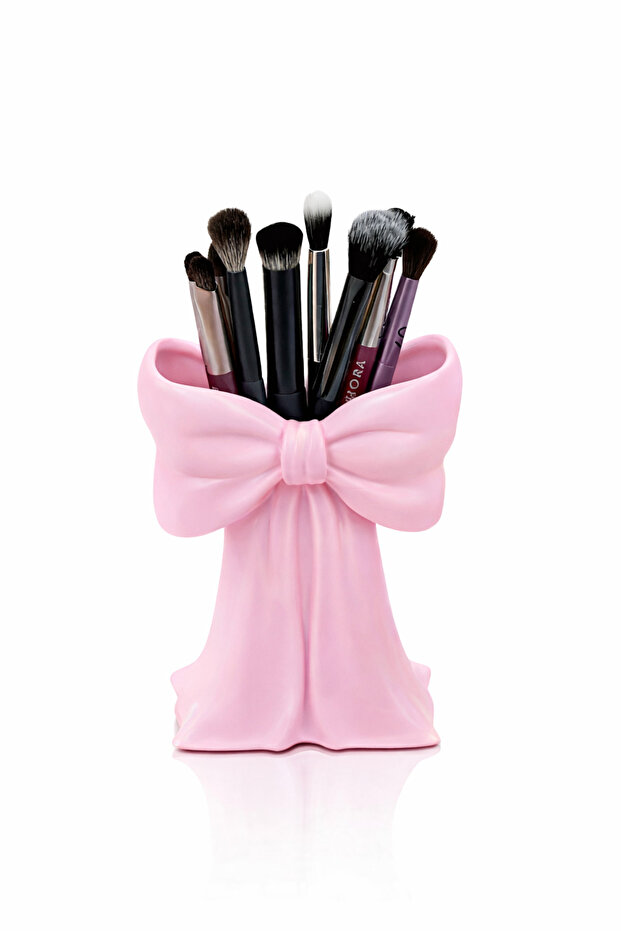 Pink Makeup Brush Holder with Bow Design | Desktop Organizer