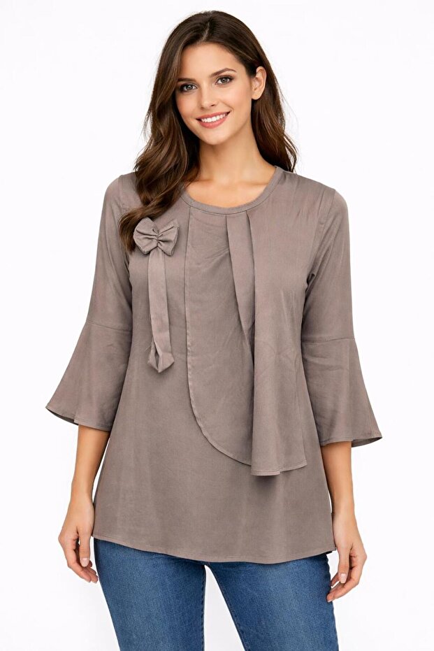 Women’s Elegant Tunic Top with Bow Detail & Layered Front – 3/4 Bell Sleeves, Soft Woven Fabric