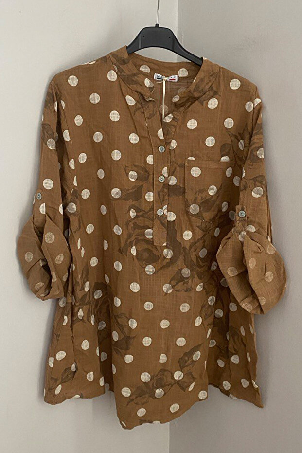 Women's Italian Cappuccino Three Button Placket Collar Polka Dot Floral Pattern Pocketed 100% Cotton Blouse