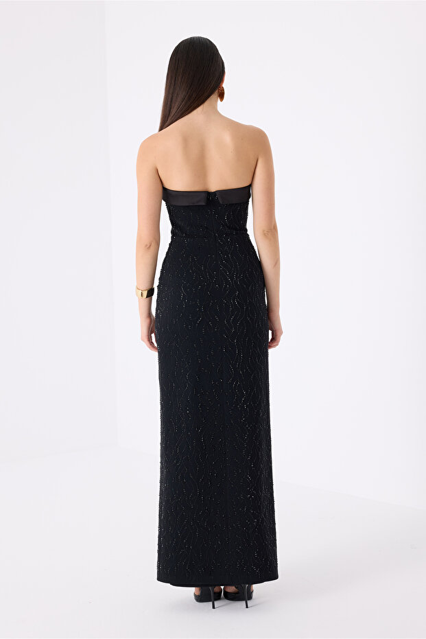 Yırtmaçlı Straplez Uzun Elbise - 3